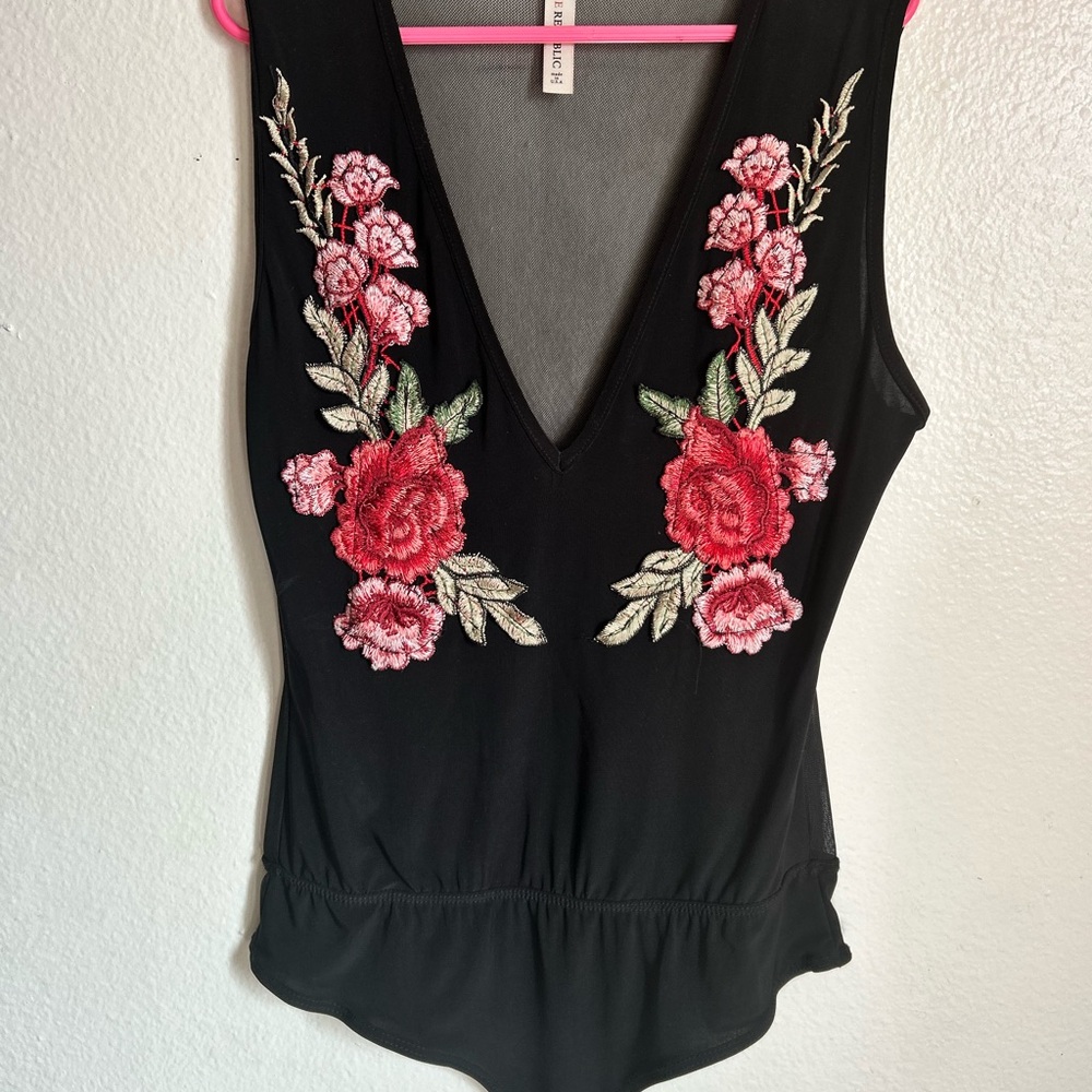 Black Floral Embroidered Bodysuit